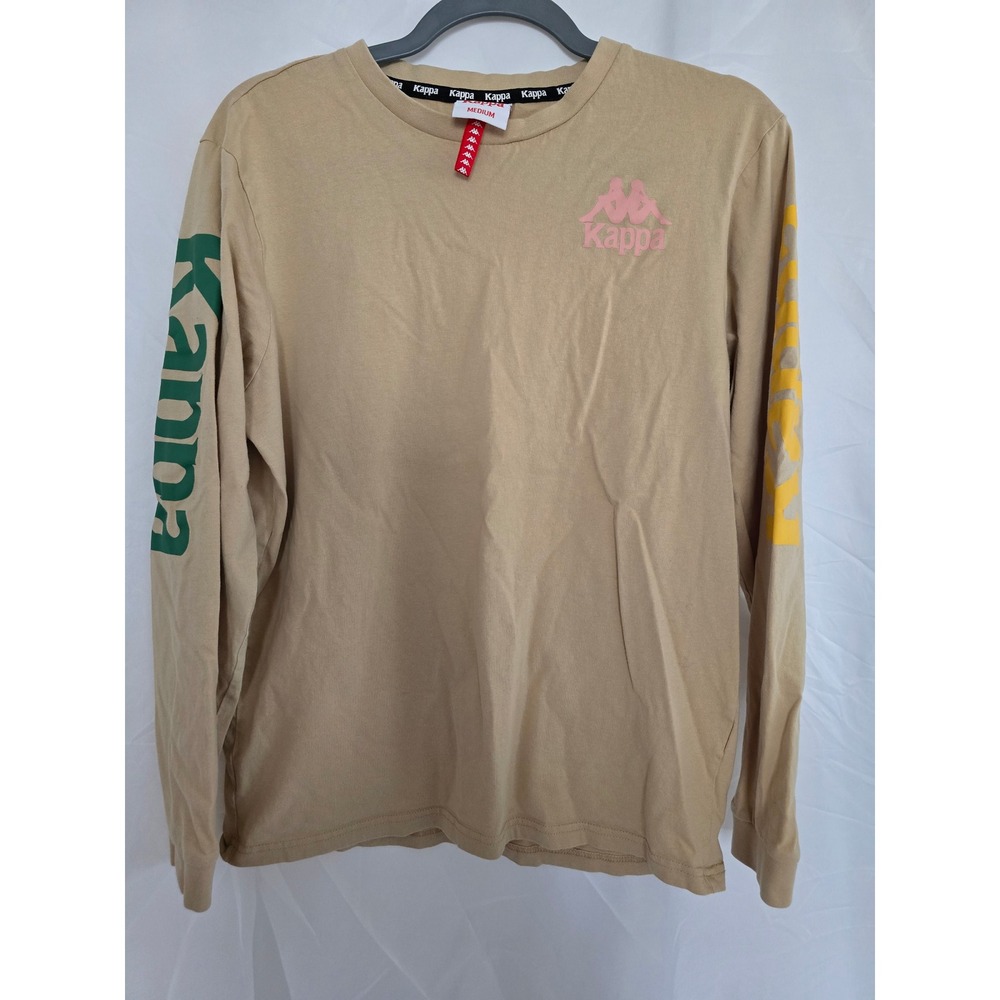 Kappa Tan Long Sleeve T Shirt With Pink Logo And Sleeve Graphics Size Medium